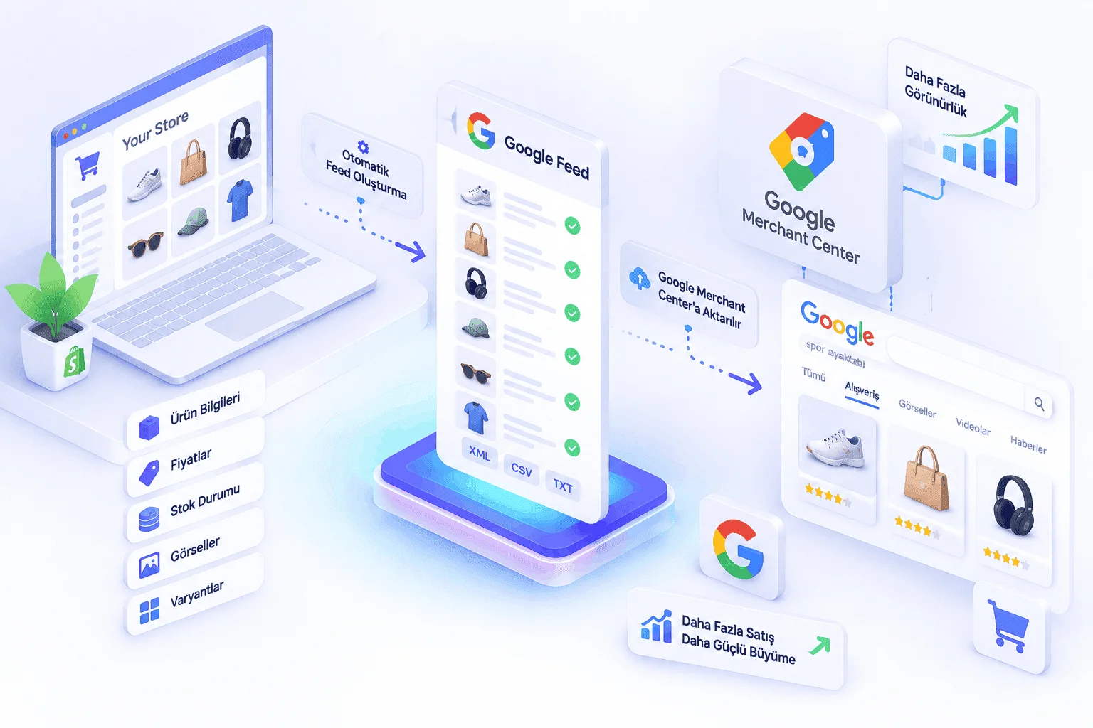 Mağaza ürünlerinin Google Feed ile ürün bilgisi, fiyat, stok, görsel ve varyant alanlarına çevrilip Google Merchant Center'a, oradan Google Alışveriş sonuçlarına aktarılmasını gösteren akış şeması