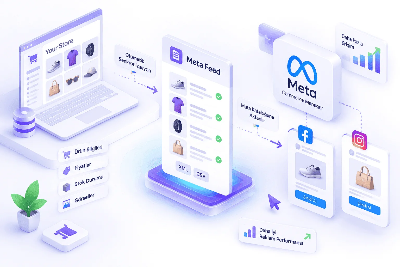 Mağaza ürünlerinin Meta Feed ile ürün bilgisi, fiyat, stok ve görsel alanlarına çevrilip Meta Commerce Manager kataloğuna, oradan Facebook ve Instagram katalog reklamlarına aktarılmasını gösteren akış şeması