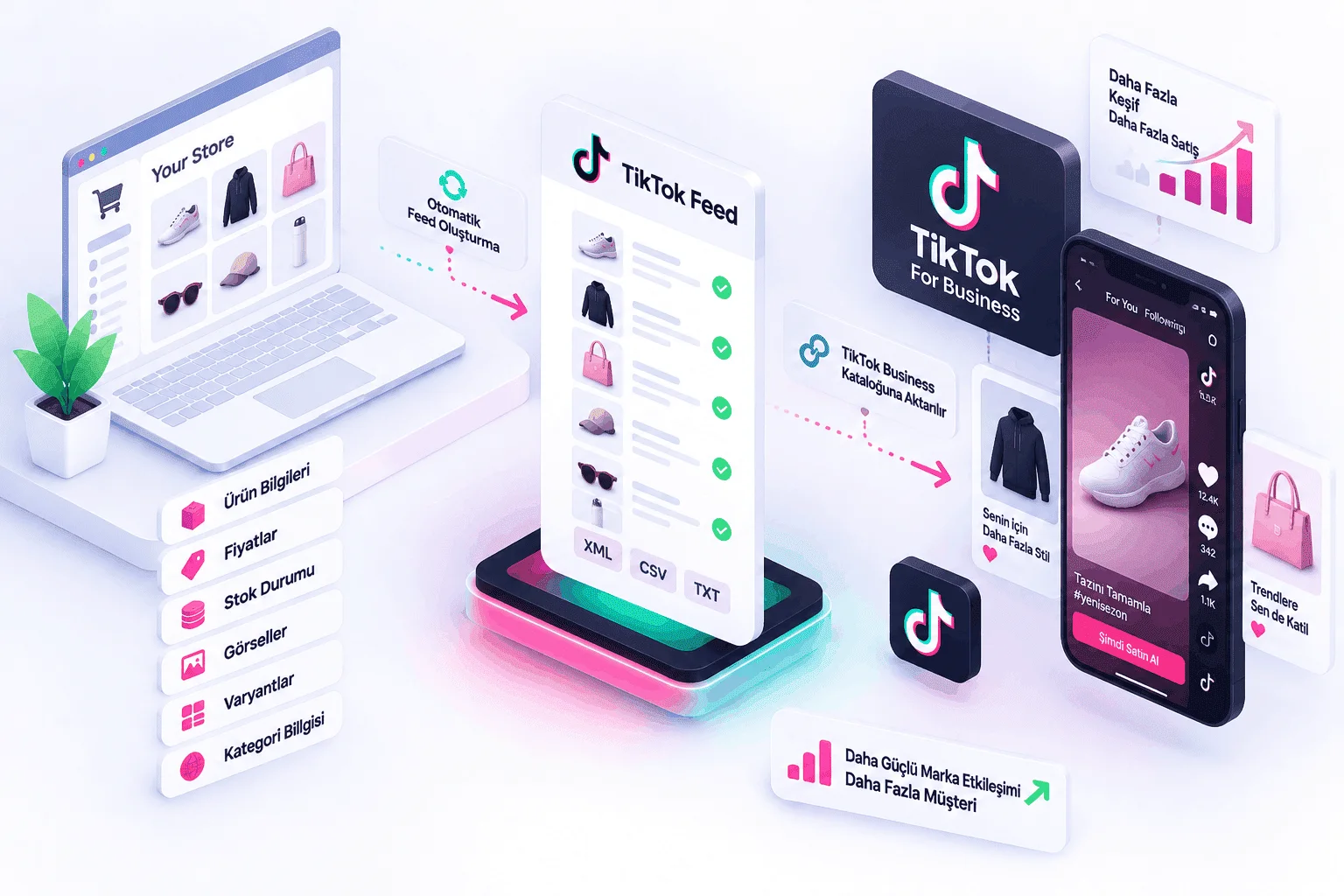 Mağaza ürünlerinin TikTok Feed ile ürün bilgisi, fiyat, stok, görsel, varyant ve kategori alanlarına çevrilip TikTok Business kataloğuna, oradan TikTok katalog reklamlarına aktarılmasını gösteren akış şeması