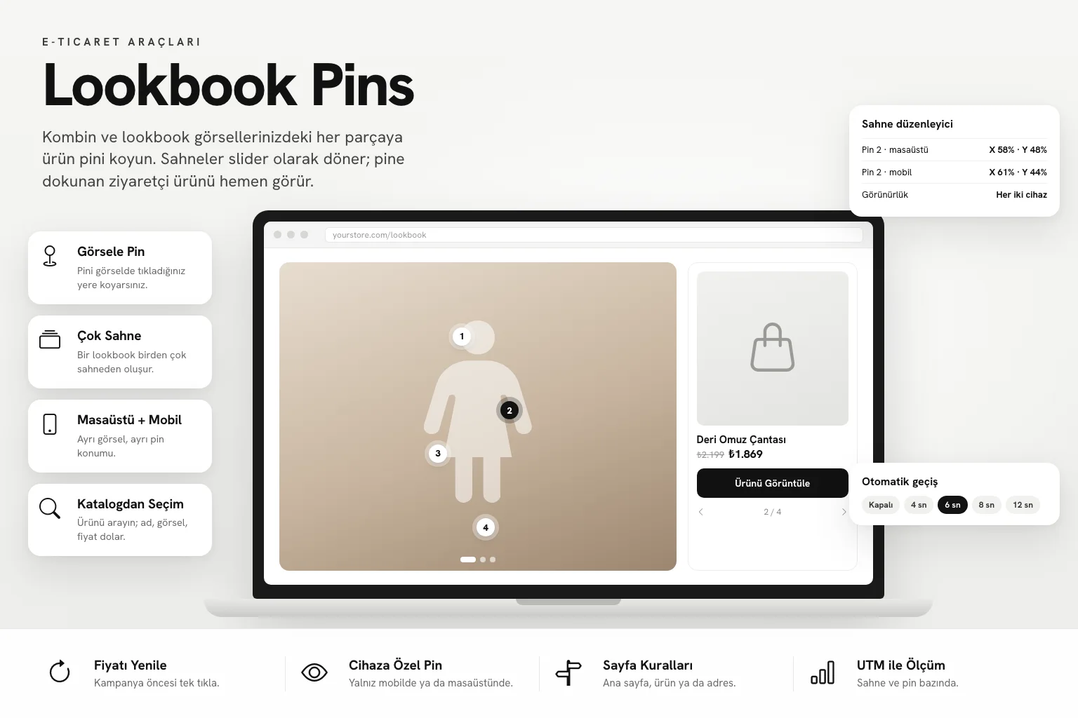 Lookbook Pins: masaüstünde pinli kombin sahnesi ve seçilen pinin ürün kartı