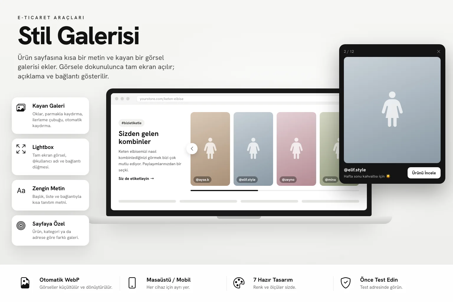 Stil Galerisi: ürün sayfasında müşteri kombinlerinden oluşan kayan galeri ve tam ekran lightbox