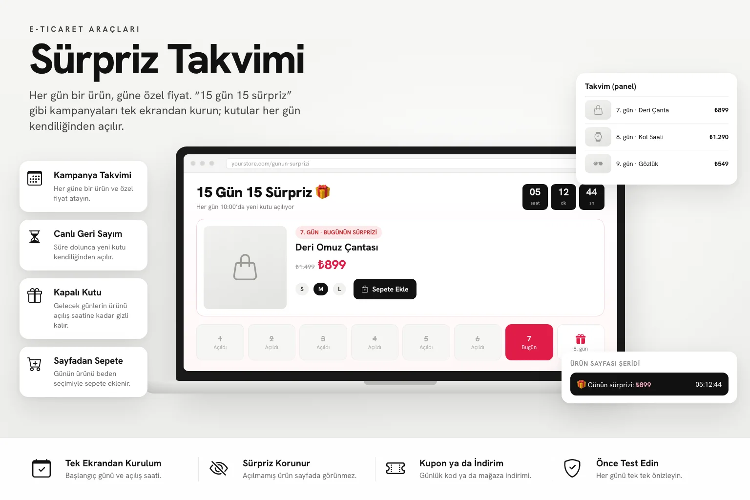 Sürpriz Takvimi: kampanya sayfasında günün ürünü, geri sayım ve açılmamış günler