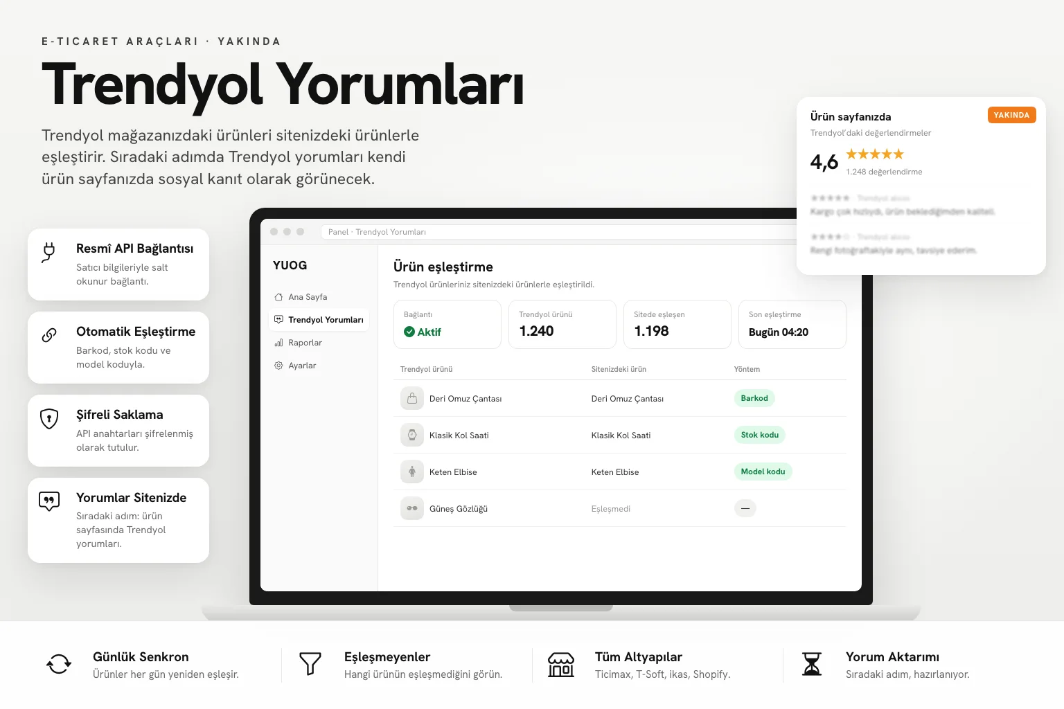 Trendyol Yorumları paneli: Trendyol ürünleri ile sitedeki ürünlerin barkod, stok kodu ve model koduyla eşleştirilmesi