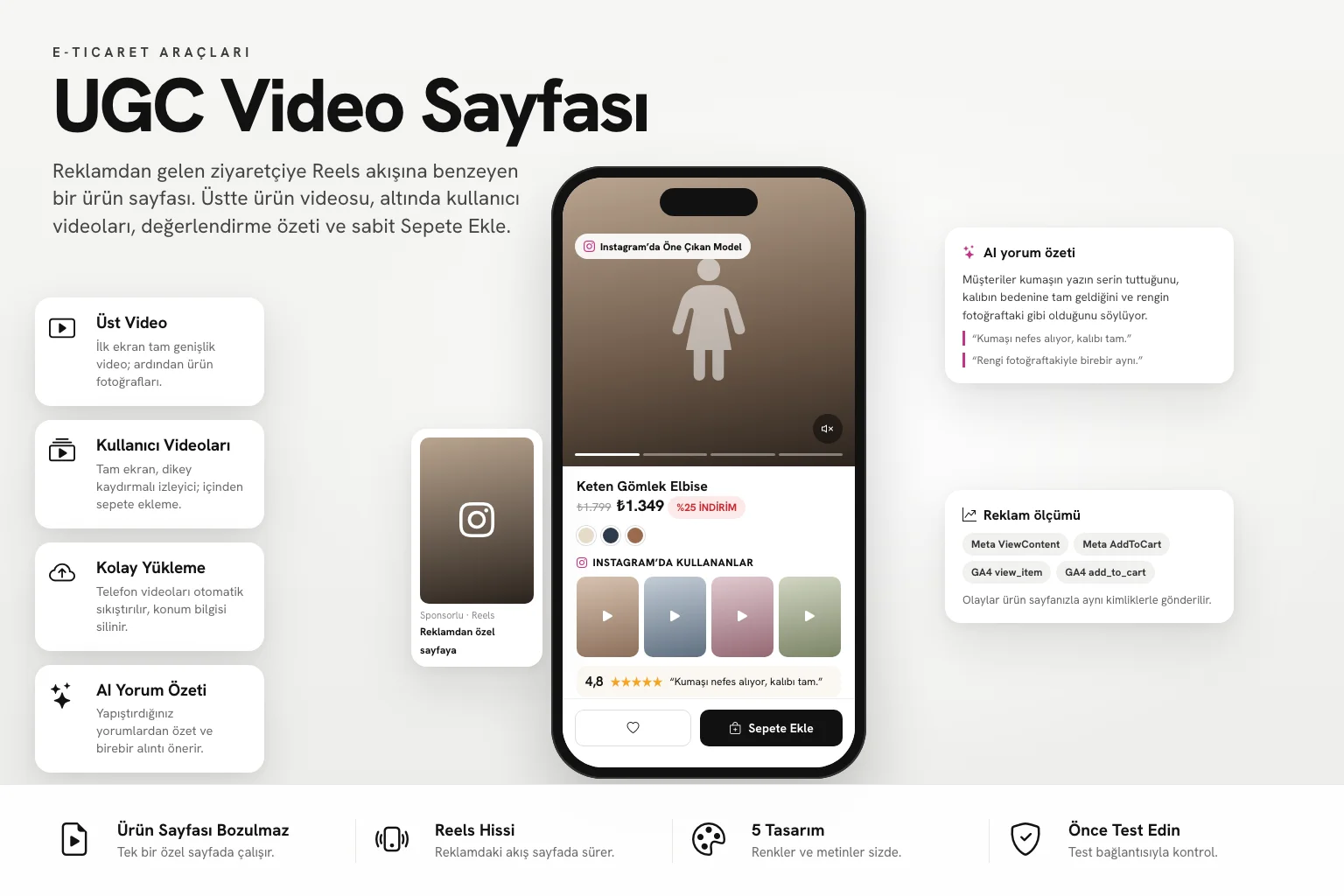 UGC Video Sayfası: telefonda tam genişlik ürün videosu, kullanıcı videoları ve sabit Sepete Ekle