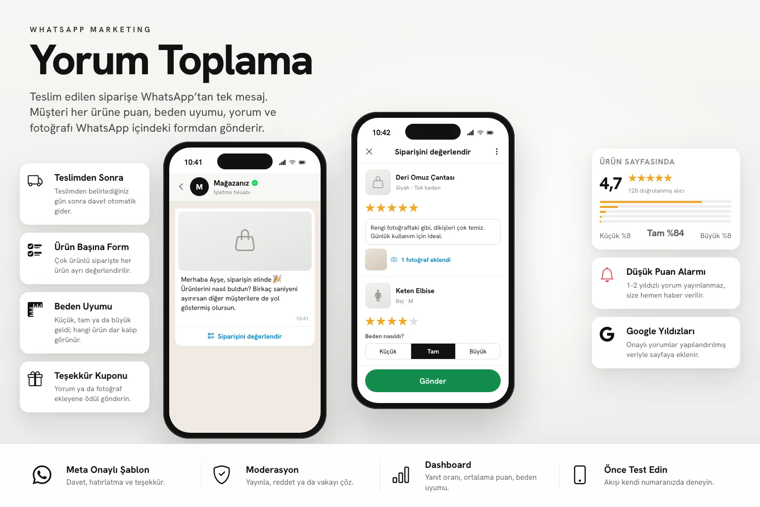 Yorum Toplama: WhatsApp daveti, WhatsApp içindeki değerlendirme formu ve ürün sayfasındaki yorum özeti